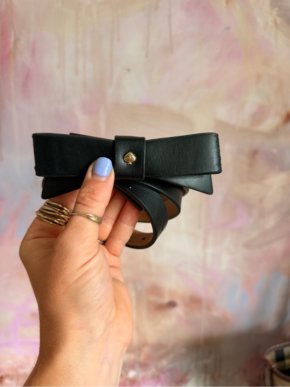 kate spade Black Leather Bow Belt with Gold Spade